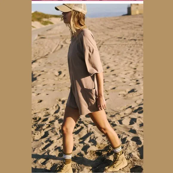 Free People Hot Shot Tee Romper in Mocha Latte Tan Color NWOT Size Large - Picture 6 of 10